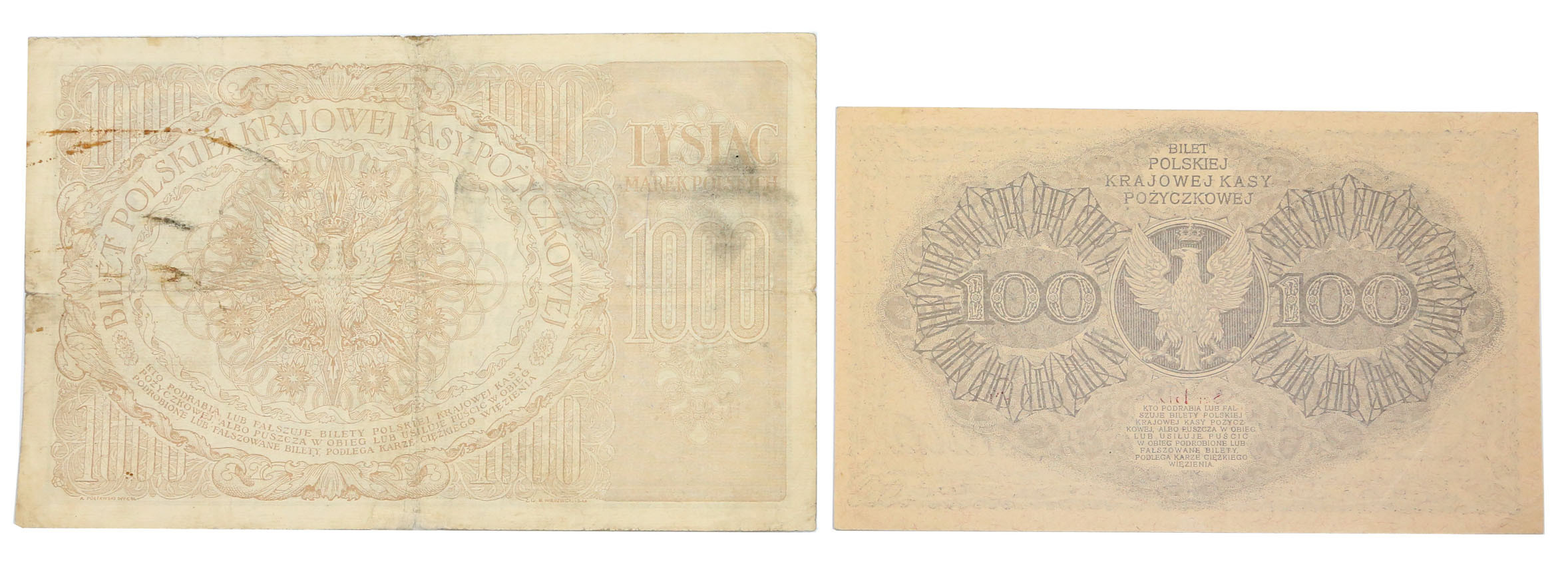 100, 1.000 marek polskich 1919, zestaw 2 banknotów